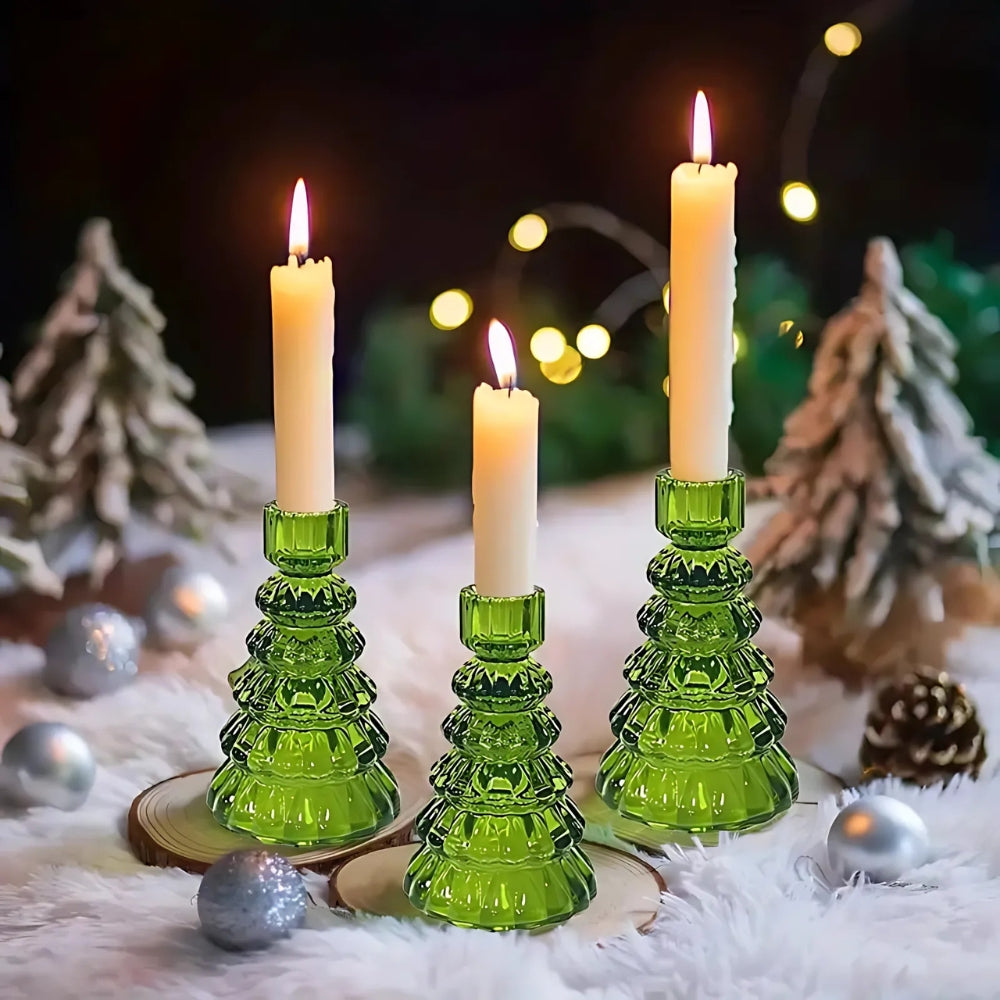 Crescent Christmas Tree Candle Holder Set - Glass, 3pcs