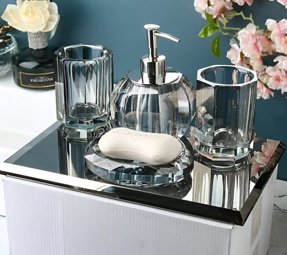 Juego de accesorios de baño de cristal, dispensador de jabón de vidrio con portaescobillas, bandeja de tocador para encimera de baño