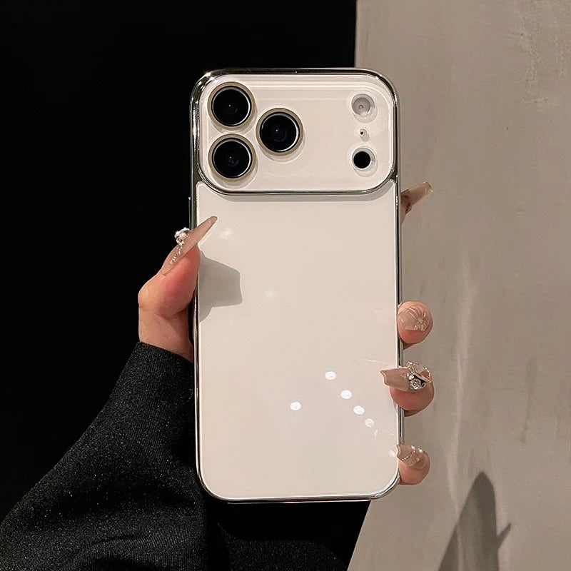 Tempered Glass iPhone Case with Camera Lens Shield & Plated Edges – Shockproof Protection for iPhone 11-17 Pro Max