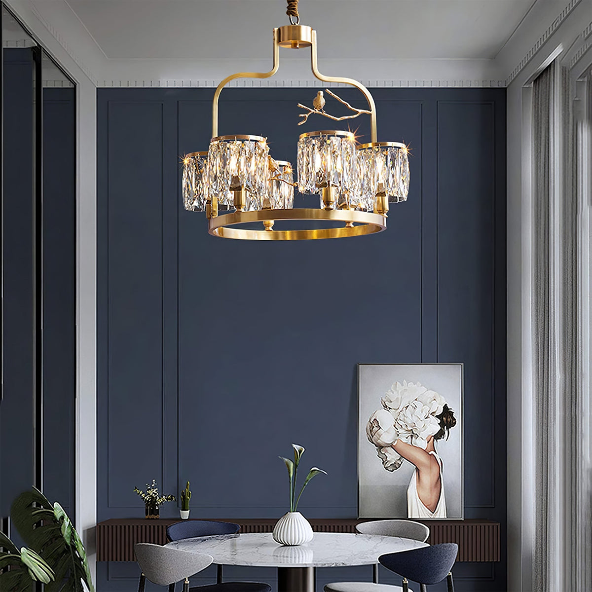 Crystal Hanging Light Fixture with Brass Frame 22 Inch for Dining Room Living Room Foyer Indoor Ceiling Lighting Classic Elegant Design