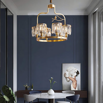 Crystal Hanging Light Fixture with Brass Frame 22 Inch for Dining Room Living Room Foyer Indoor Ceiling Lighting Classic Elegant Design