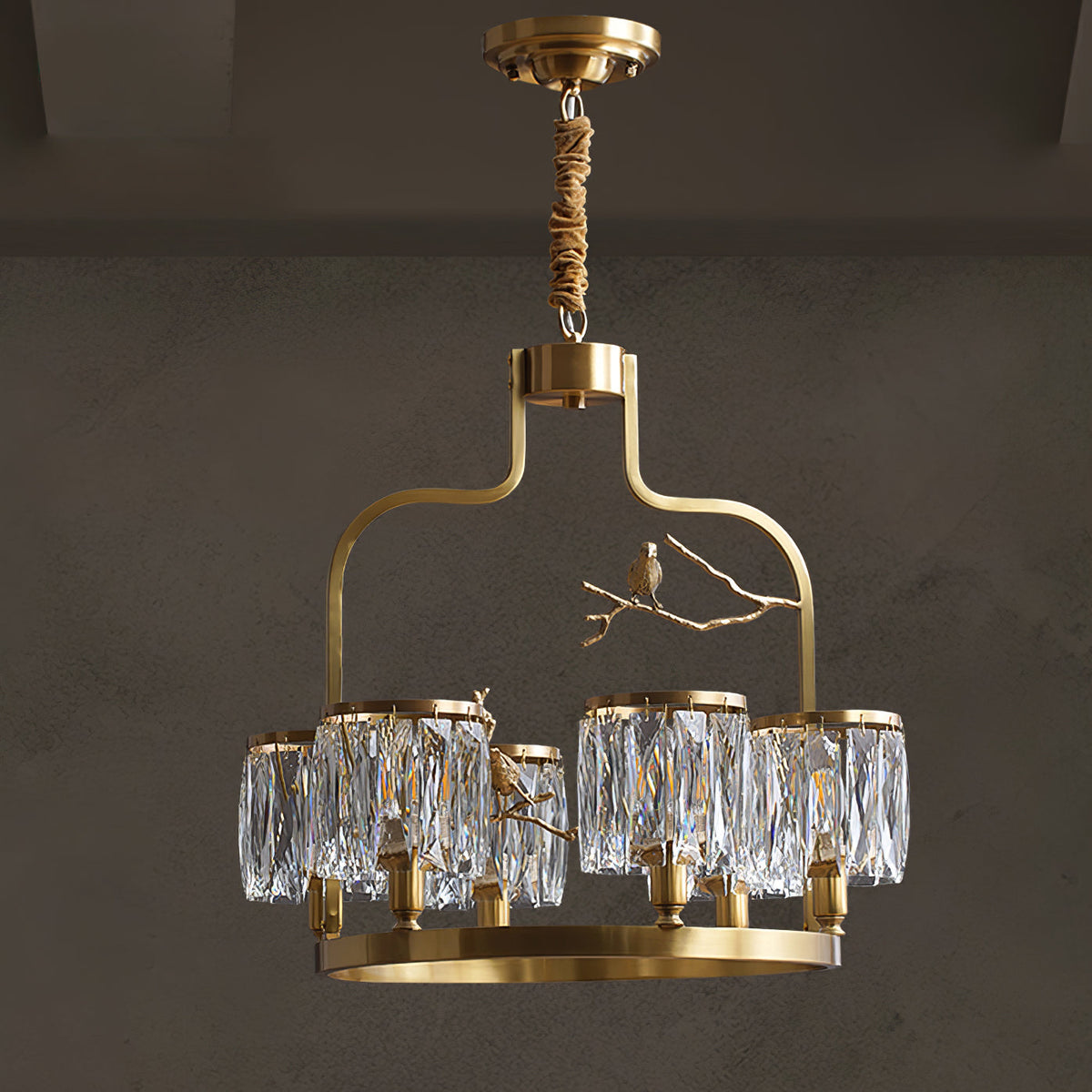 Crystal Hanging Light Fixture with Brass Frame 22 Inch for Dining Room Living Room Foyer Indoor Ceiling Lighting Classic Elegant Design