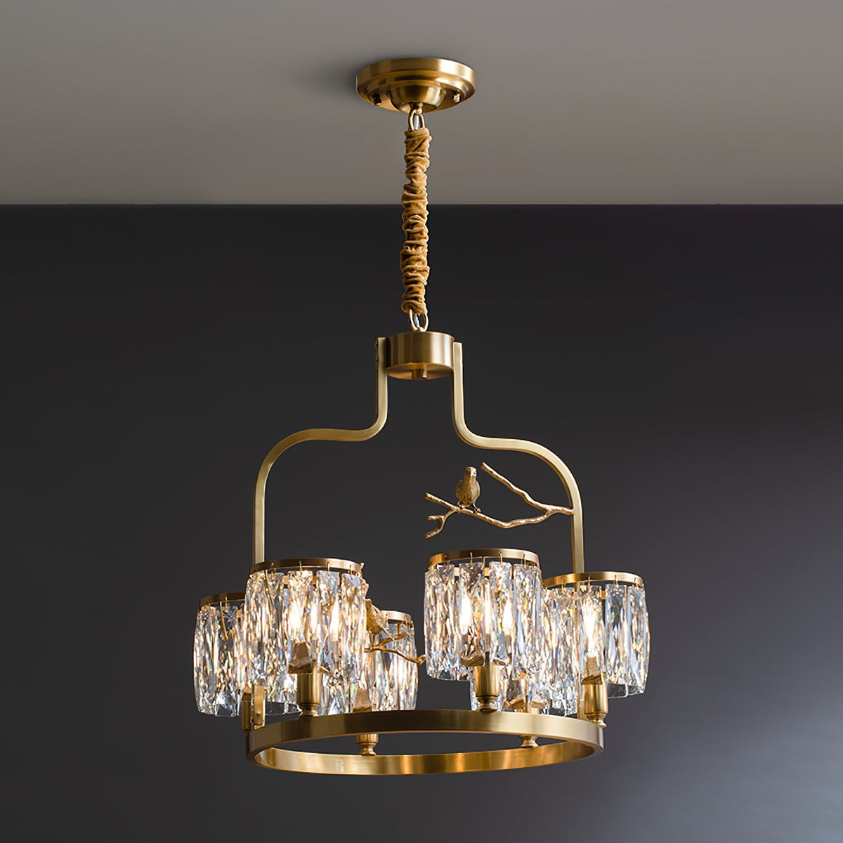 Crystal Hanging Light Fixture with Brass Frame 22 Inch for Dining Room Living Room Foyer Indoor Ceiling Lighting Classic Elegant Design