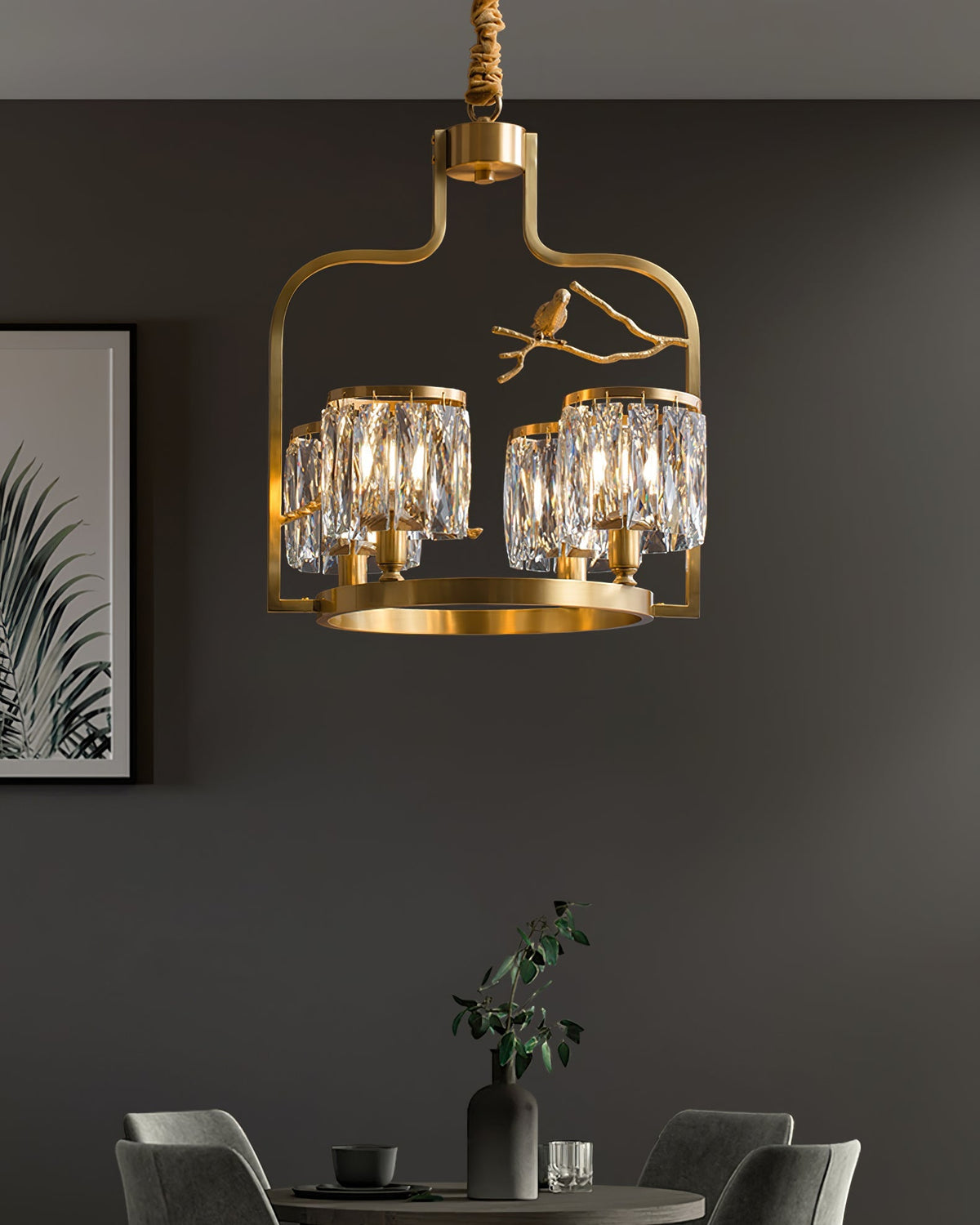 Crystal Hanging Light Fixture with Brass Frame 22 Inch for Dining Room Living Room Foyer Indoor Ceiling Lighting Classic Elegant Design