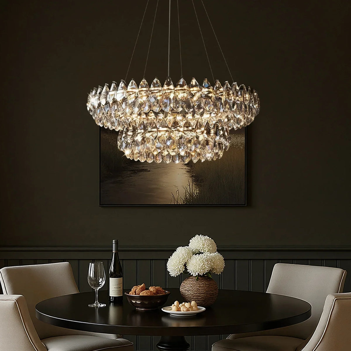 Double Ring Crystal Ceiling Light with Adjustable Height for Dining Room Living Room | Three Color Temperatures Chrome Finish | Teardrop Pen