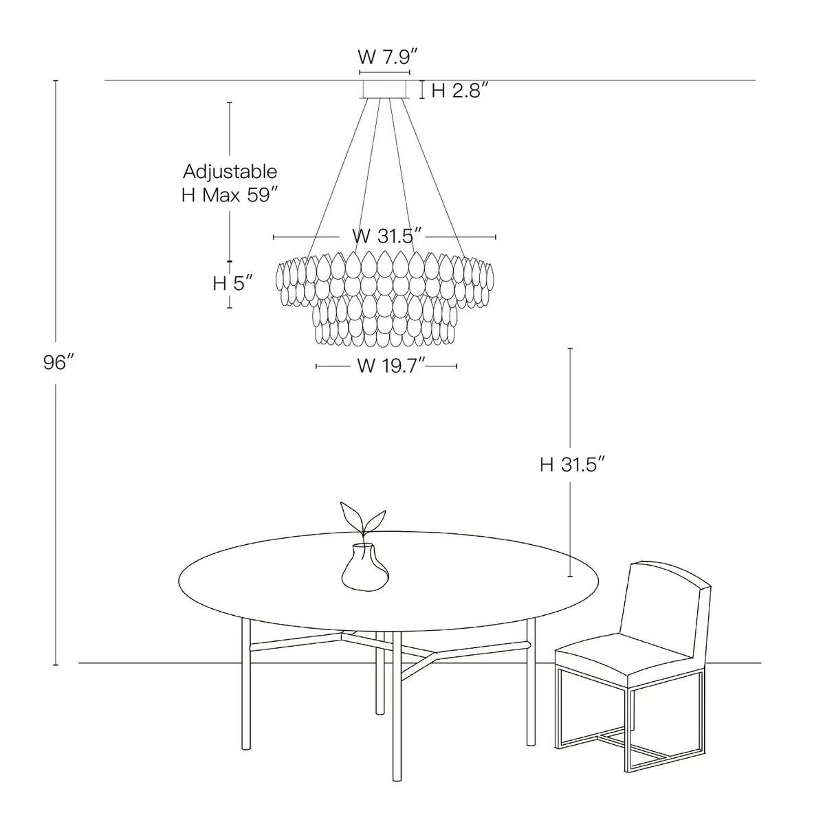 Double Ring Crystal Ceiling Light with Adjustable Height for Dining Room Living Room | Three Color Temperatures Chrome Finish | Teardrop Pen