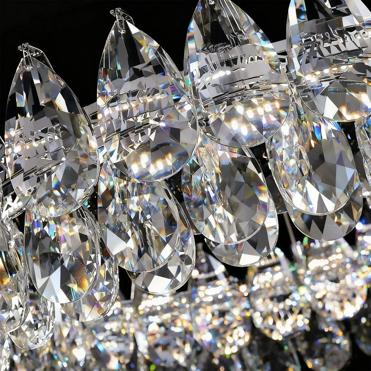 Double Ring Crystal Ceiling Light with Adjustable Height for Dining Room Living Room | Three Color Temperatures Chrome Finish | Teardrop Pen