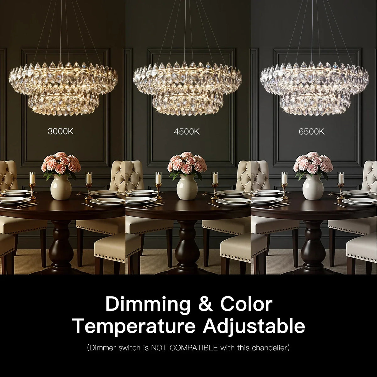 Double Ring Crystal Ceiling Light with Adjustable Height for Dining Room Living Room | Three Color Temperatures Chrome Finish | Teardrop Pen