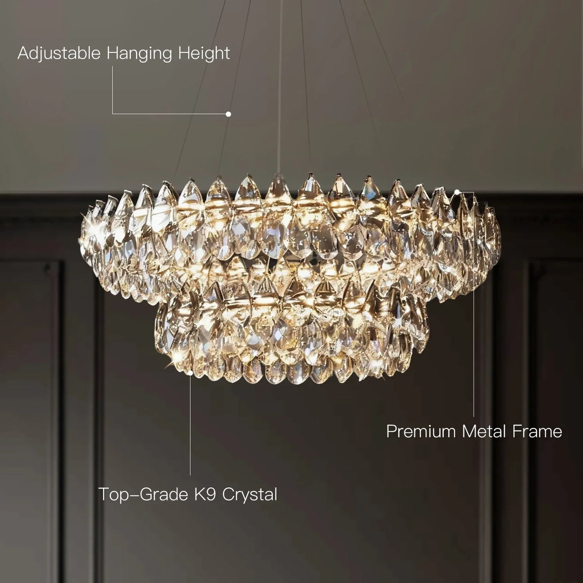 Two-Tier Crystal Pendant Light 32 inch Chrome Finish LED Adjustable Height Ceiling Fixture for Dining Room Living Room Kitchen Island Contem