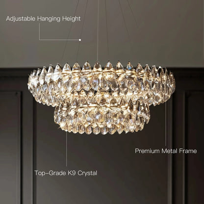 Two-Tier Crystal Pendant Light 32 inch Chrome Finish LED Adjustable Height Ceiling Fixture for Dining Room Living Room Kitchen Island Contem