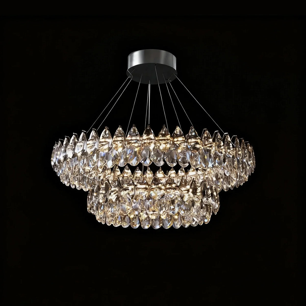 Two-Tier Crystal Pendant Light 32 inch Chrome Finish LED Adjustable Height Ceiling Fixture for Dining Room Living Room Kitchen Island Contem