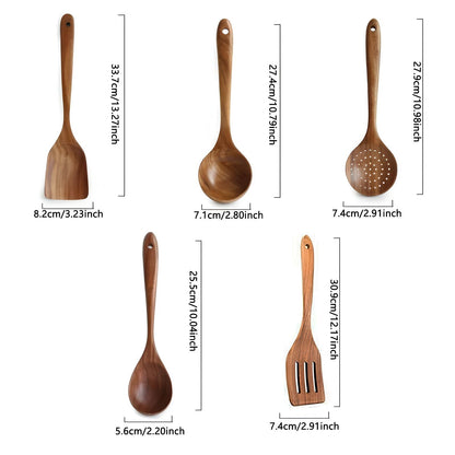 6-Piece Teak Wood Cooking Utensil Set – Natural Wooden Spatula, Ladle & Spoon Collection for Nonstick Cookware – Heat-Safe Kitchen Tools