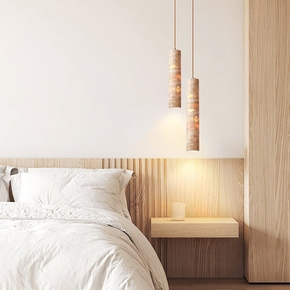 Lámpara colgante Stone Drop E27 con cable ajustable, color beige, 2.4 pulgadas de diámetro, para isla de cocina, barra, comedor, acabado de travertino, cilindro natural de 10-14 pulgadas.