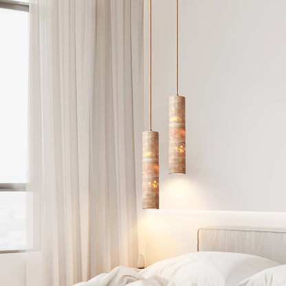 Lámpara colgante Stone Drop E27 con cable ajustable, color beige, 2.4 pulgadas de diámetro, para isla de cocina, barra, comedor, acabado de travertino, cilindro natural de 10-14 pulgadas.