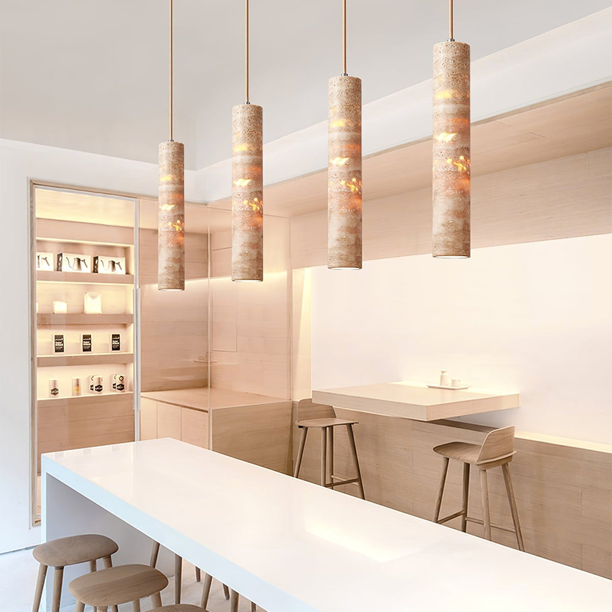 Lámpara colgante Stone Drop E27 con cable ajustable, color beige, 2.4 pulgadas de diámetro, para isla de cocina, barra, comedor, acabado de travertino, cilindro natural de 10-14 pulgadas.