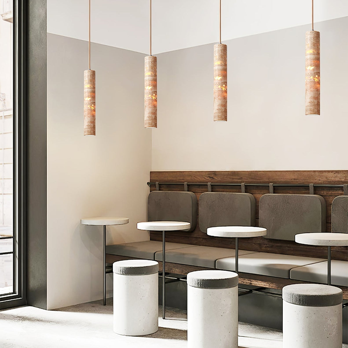 Lámpara colgante Stone Drop E27 con cable ajustable, color beige, 2.4 pulgadas de diámetro, para isla de cocina, barra, comedor, acabado de travertino, cilindro natural de 10-14 pulgadas.