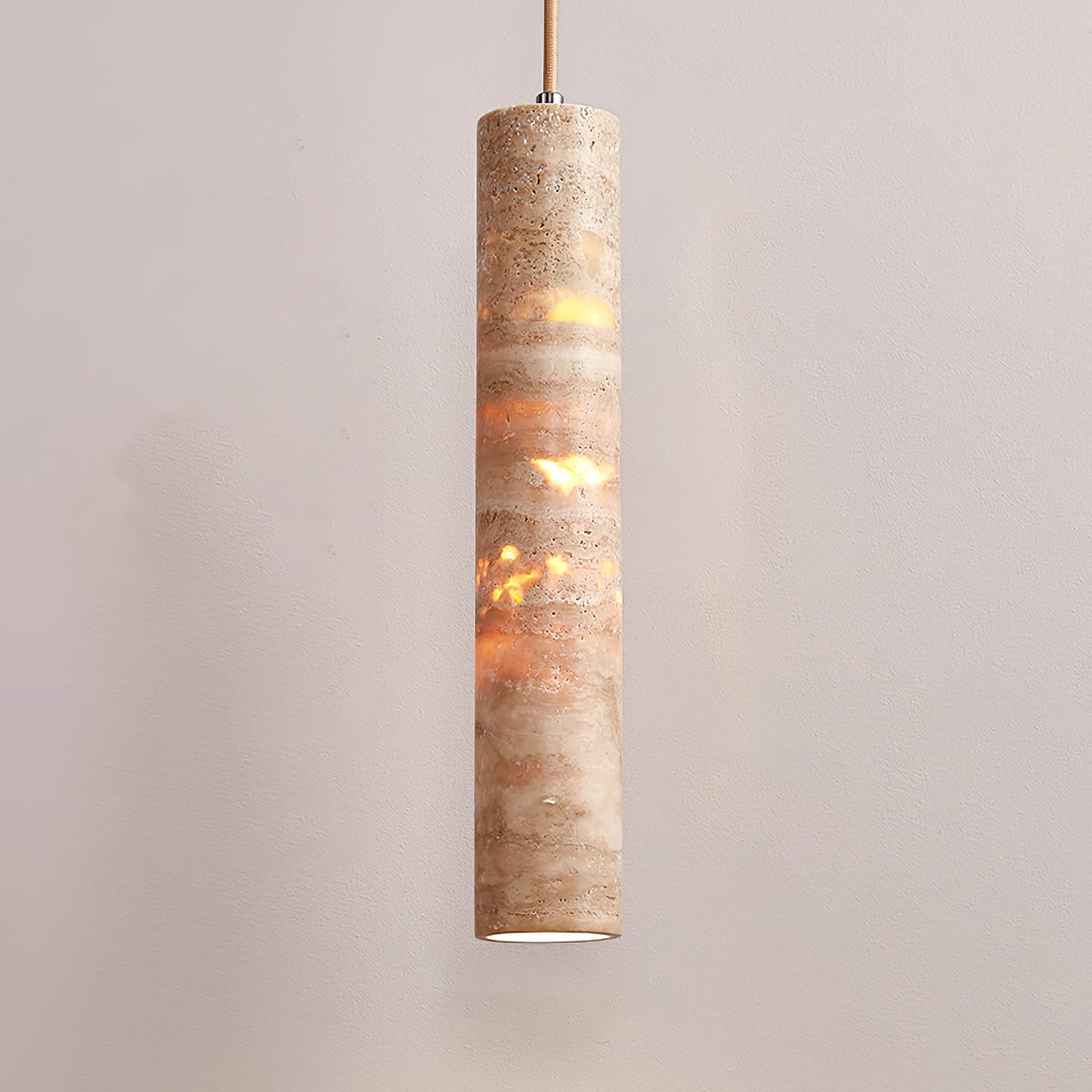 Lámpara colgante Stone Drop E27 con cable ajustable, color beige, 2.4 pulgadas de diámetro, para isla de cocina, barra, comedor, acabado de travertino, cilindro natural de 10-14 pulgadas.
