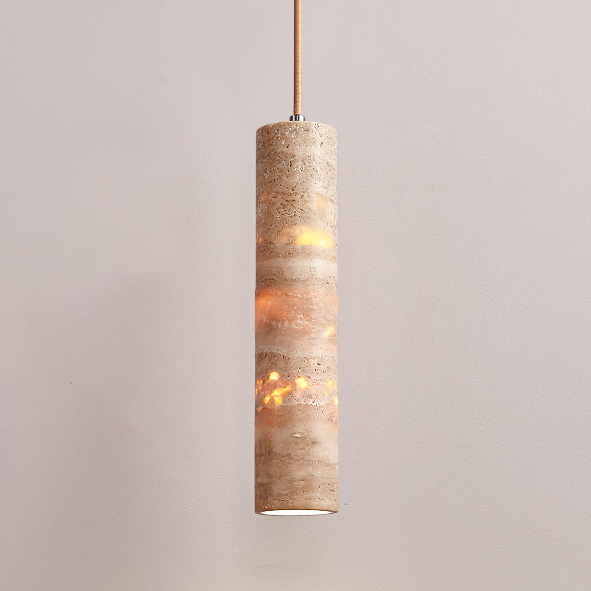 Lámpara colgante Stone Drop E27 con cable ajustable, color beige, 2.4 pulgadas de diámetro, para isla de cocina, barra, comedor, acabado de travertino, cilindro natural de 10-14 pulgadas.