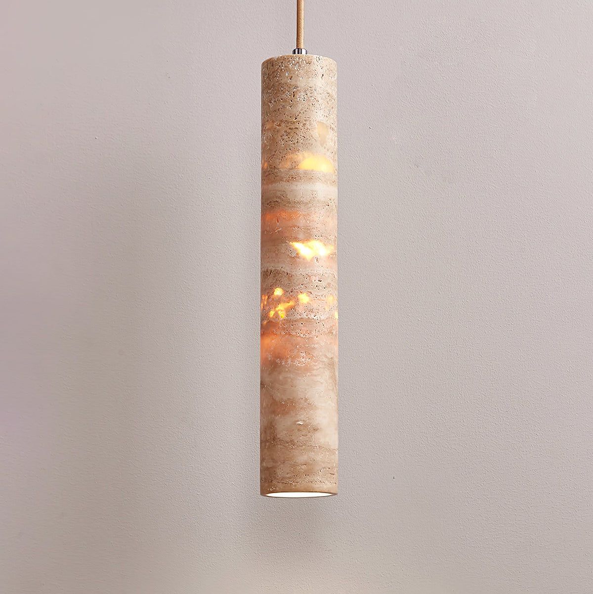 Lámpara colgante Stone Drop E27 con cable ajustable, color beige, 2.4 pulgadas de diámetro, para isla de cocina, barra, comedor, acabado de travertino, cilindro natural de 10-14 pulgadas.