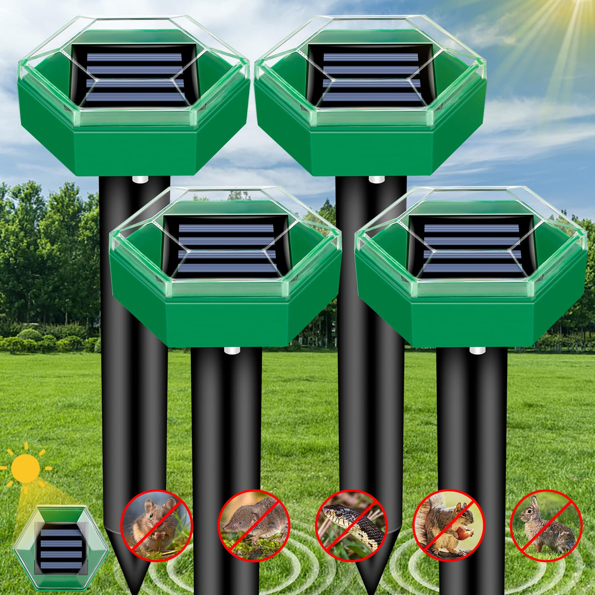 Solar Ultrasonic Spikes for Mole Repelling | 4-Pack Gopher & Vole Control