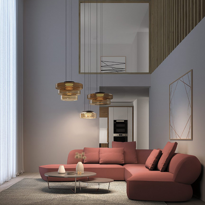 Tiered Glass Hanging Fixture 12 in Amber for Dining Tables Kitchen Islands Contemporary Statement Overhead Illumination