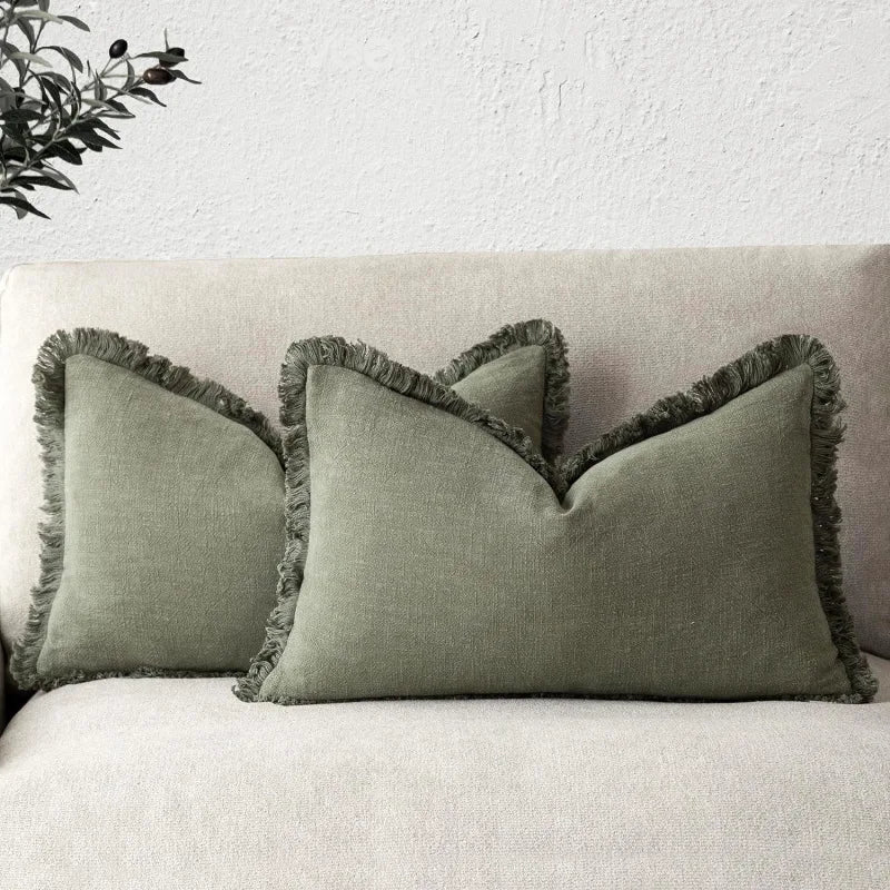 Cotton-Linen Throw Pillow Cases with Fringe Trim – Zippered Cushion Covers for Couch, Bed & Chair – 2-Pack, Machine Washable