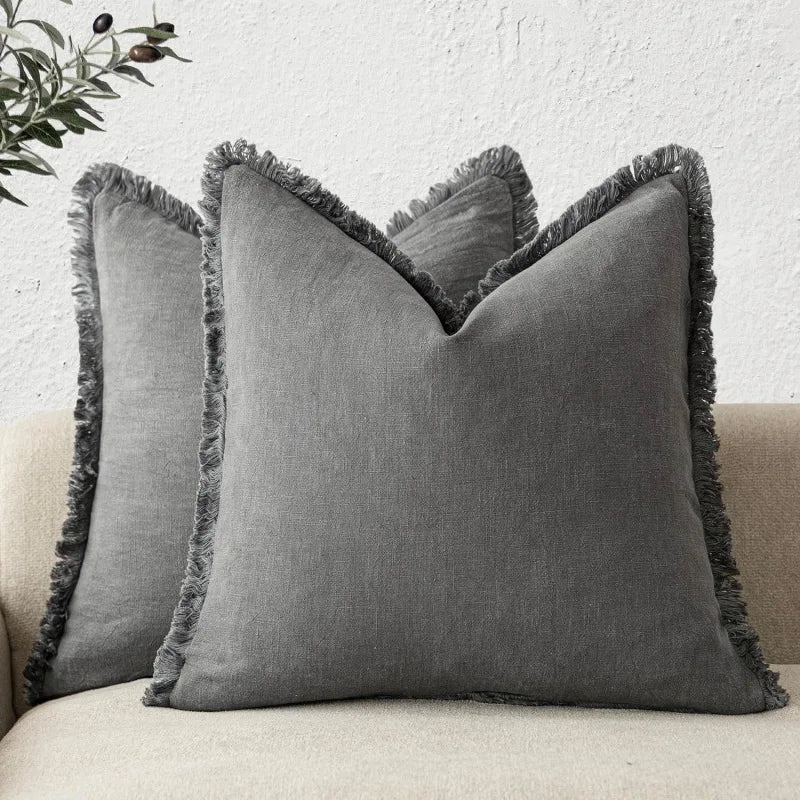 Cotton-Linen Throw Pillow Cases with Fringe Trim – Zippered Cushion Covers for Couch, Bed & Chair – 2-Pack, Machine Washable