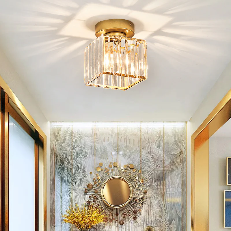 Cube Crystal Flush Mount Ceiling Light with Brass Frame 10 Inch for Bedroom Hallway Entryway Living Room Office Modern Home Lighting Fixture