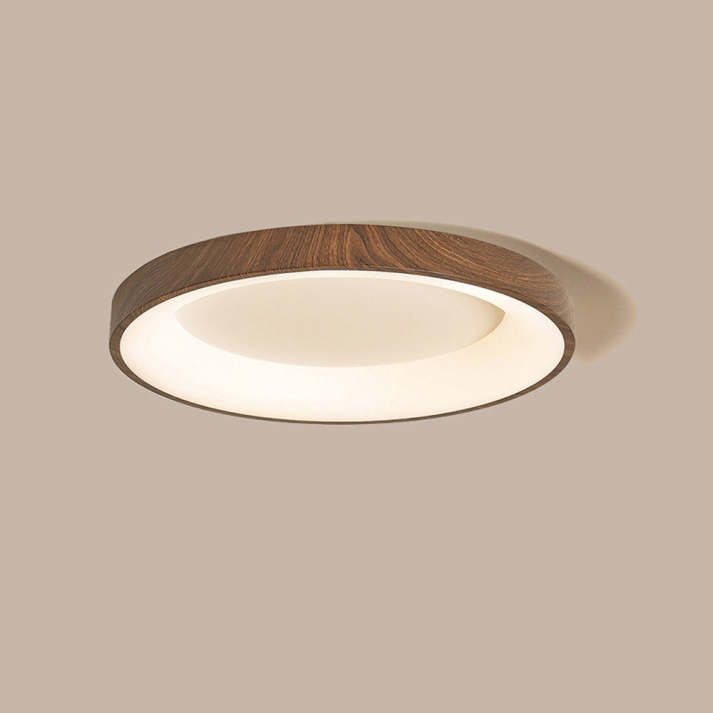 Round Flush Mount LED Fixture 14 in Wood Grain Acrylic Iron Low Profile for Bedroom Hallway Kitchen Entry Modern Scandinavian
