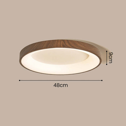 Round Flush Mount LED Fixture 14 in Wood Grain Acrylic Iron Low Profile for Bedroom Hallway Kitchen Entry Modern Scandinavian