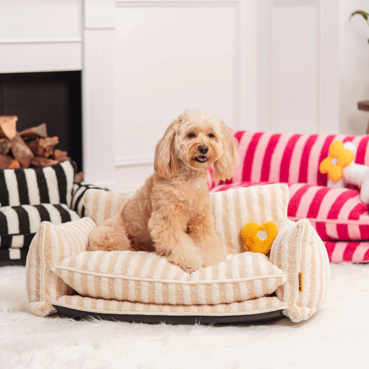 Plush Pet Couch with Washable Cover - Dual-Layer Cushioned Lounger for Dogs & Cats - Striped Fleece Nap Spot
