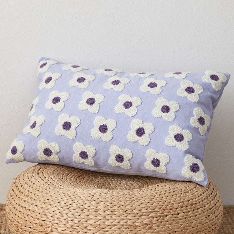 Floral Embroidered Throw Pillow Cover Cotton Daisy Stitch Sofa Cushion Case 18x18 or 12x20 Inch Hidden Zipper Lavender Ivory Bedroom Living