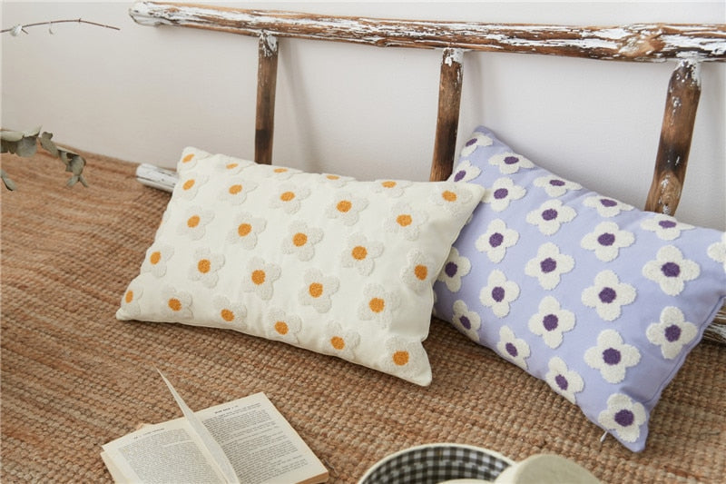 Floral Embroidered Throw Pillow Cover Cotton Daisy Stitch Sofa Cushion Case 18x18 or 12x20 Inch Hidden Zipper Lavender Ivory Bedroom Living