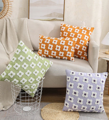 Floral Embroidered Throw Pillow Cover Cotton Daisy Stitch Sofa Cushion Case 18x18 or 12x20 Inch Hidden Zipper Lavender Ivory Bedroom Living