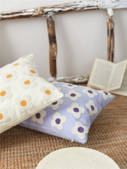 Floral Embroidered Throw Pillow Cover Cotton Daisy Stitch Sofa Cushion Case 18x18 or 12x20 Inch Hidden Zipper Lavender Ivory Bedroom Living