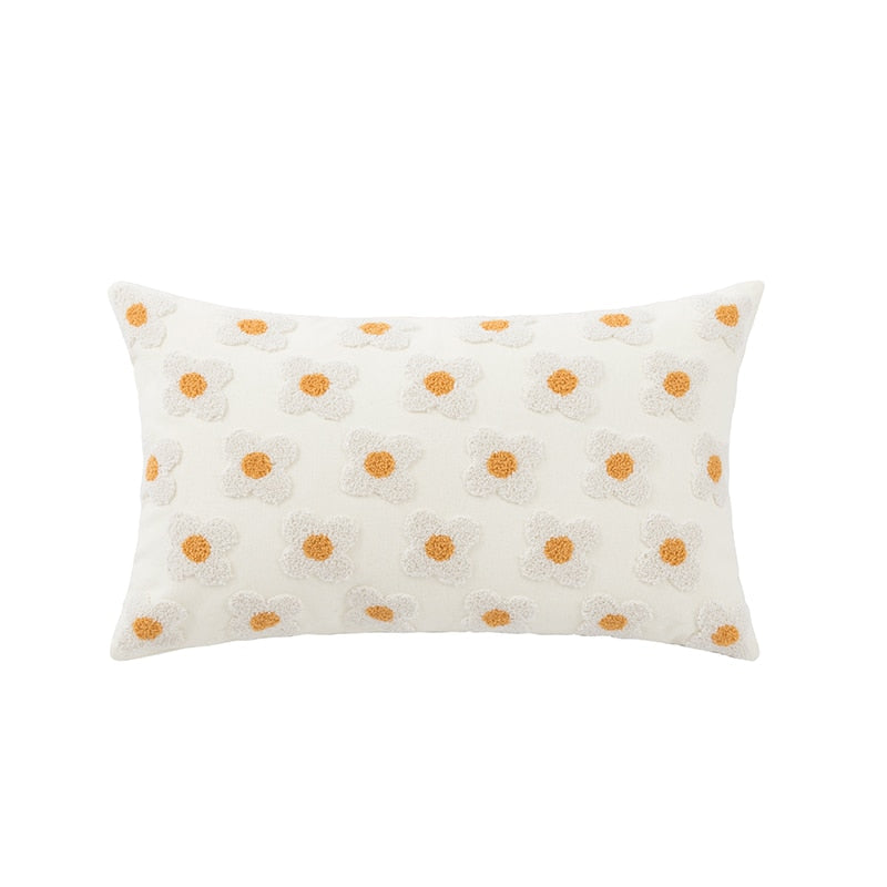 Floral Embroidered Throw Pillow Cover Cotton Daisy Stitch Sofa Cushion Case 18x18 or 12x20 Inch Hidden Zipper Lavender Ivory Bedroom Living