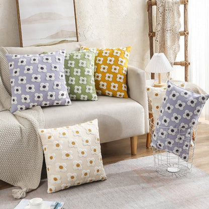 Floral Embroidered Throw Pillow Cover Cotton Daisy Stitch Sofa Cushion Case 18x18 or 12x20 Inch Hidden Zipper Lavender Ivory Bedroom Living
