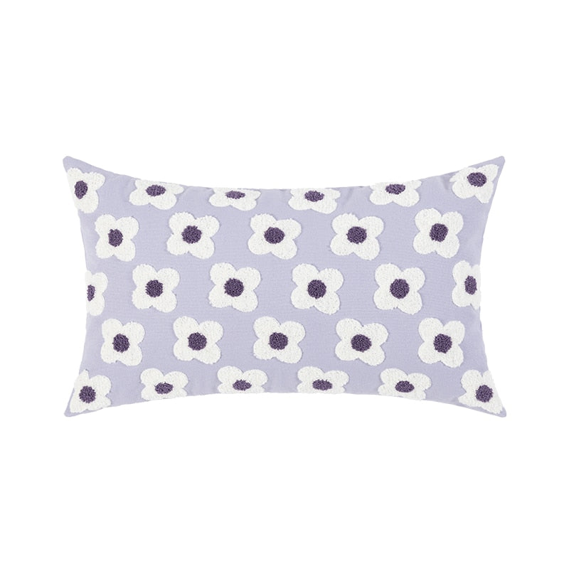 Floral Embroidered Throw Pillow Cover Cotton Daisy Stitch Sofa Cushion Case 18x18 or 12x20 Inch Hidden Zipper Lavender Ivory Bedroom Living