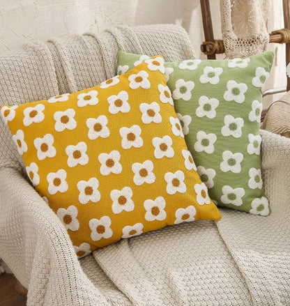 Floral Embroidered Throw Pillow Cover Cotton Daisy Stitch Sofa Cushion Case 18x18 or 12x20 Inch Hidden Zipper Lavender Ivory Bedroom Living