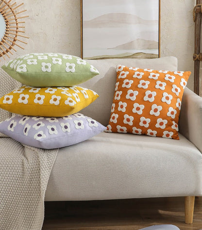 Floral Embroidered Throw Pillow Cover Cotton Daisy Stitch Sofa Cushion Case 18x18 or 12x20 Inch Hidden Zipper Lavender Ivory Bedroom Living