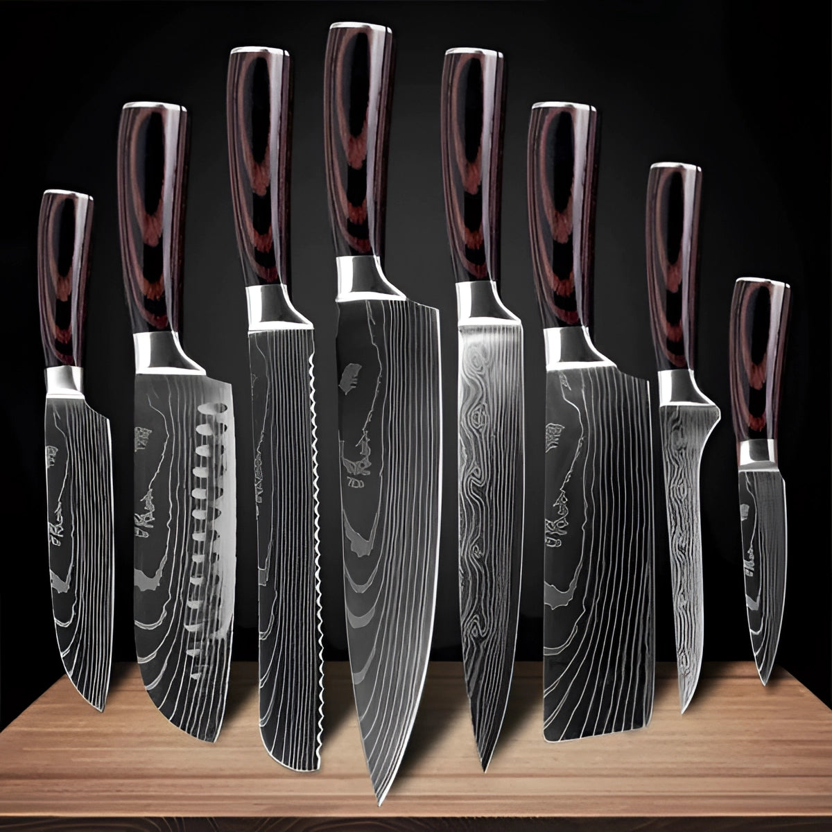 Juego de cuchillos de chef de acero de Damasco con mangos de madera ergonómicos | Hojas de precisión para un control culinario sin esfuerzo