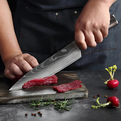 Juego de cuchillos de chef de acero de Damasco con mangos de madera ergonómicos | Hojas de precisión para un control culinario sin esfuerzo