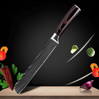 Juego de cuchillos de chef de acero de Damasco con mangos de madera ergonómicos | Hojas de precisión para un control culinario sin esfuerzo