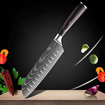 Juego de cuchillos de chef de acero de Damasco con mangos de madera ergonómicos | Hojas de precisión para un control culinario sin esfuerzo