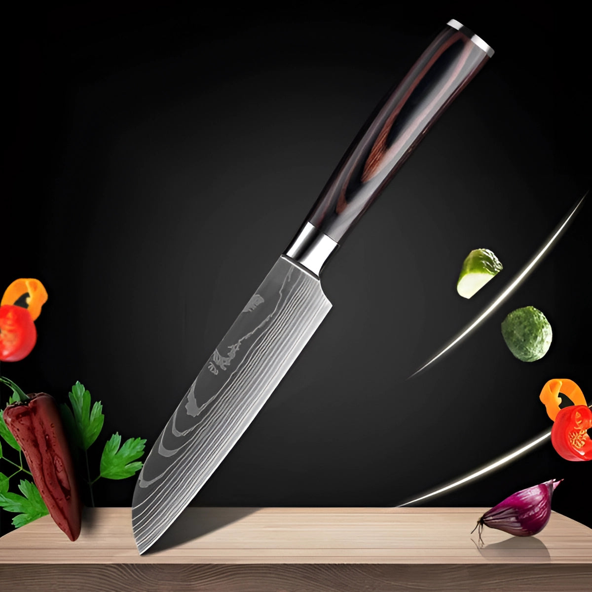 Juego de cuchillos de chef de acero de Damasco con mangos de madera ergonómicos | Hojas de precisión para un control culinario sin esfuerzo
