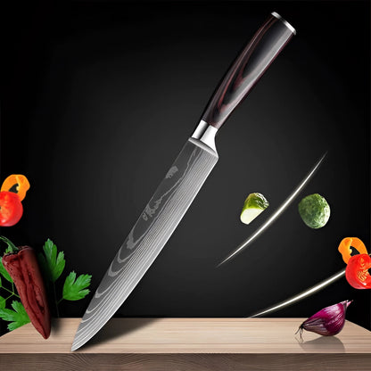 Juego de cuchillos de chef de acero de Damasco con mangos de madera ergonómicos | Hojas de precisión para un control culinario sin esfuerzo
