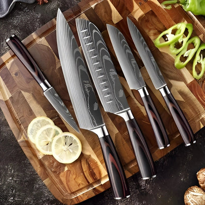 Juego de cuchillos de chef de acero de Damasco con mangos de madera ergonómicos | Hojas de precisión para un control culinario sin esfuerzo