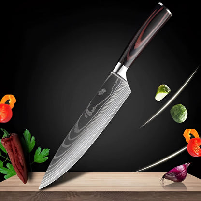 Juego de cuchillos de chef de acero de Damasco con mangos de madera ergonómicos | Hojas de precisión para un control culinario sin esfuerzo