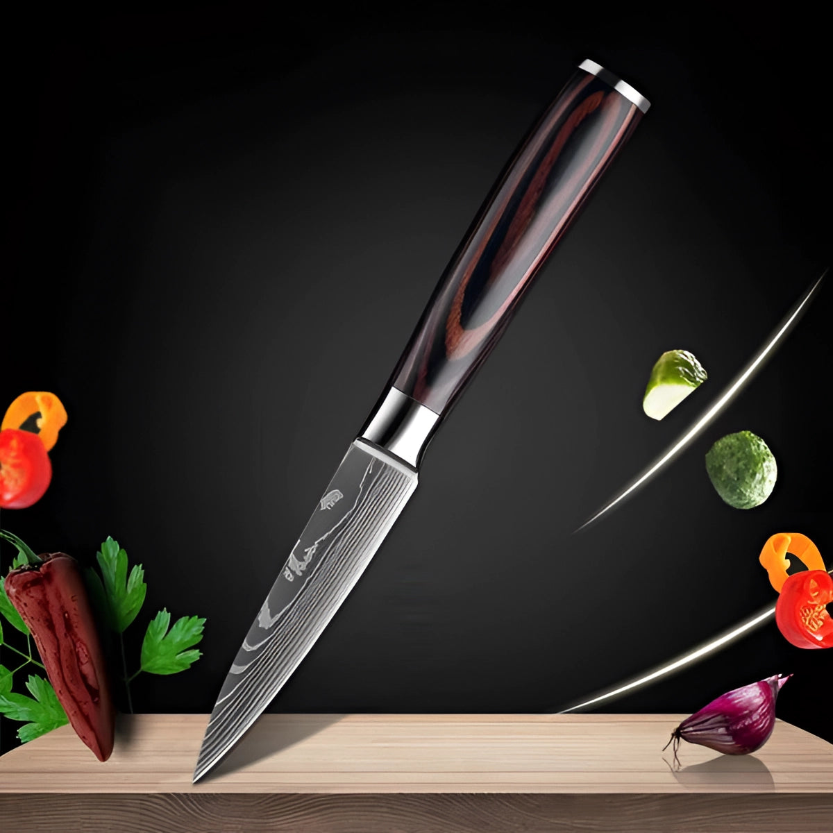 Juego de cuchillos de chef de acero de Damasco con mangos de madera ergonómicos | Hojas de precisión para un control culinario sin esfuerzo