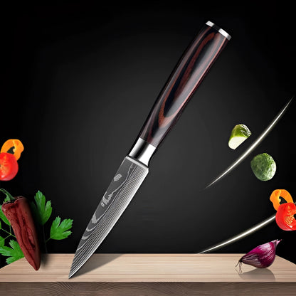 Juego de cuchillos de chef de acero de Damasco con mangos de madera ergonómicos | Hojas de precisión para un control culinario sin esfuerzo